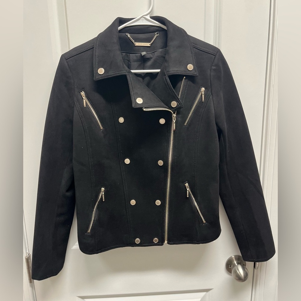 White House Black Market Black Faux Suede Moto Jacket - Silver Hardware Sz 8 - Picture 3 of 14